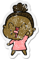 distressed sticker of a cartoon happy old woman png