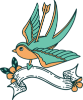 traditional tattoo with banner of a swallow pierced by arrow png