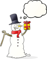 main tiré pensée bulle dessin animé bonhomme de neige en portant présent png