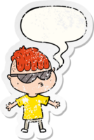 cartoon boy wearing sunglasses with speech bubble distressed distressed old sticker png