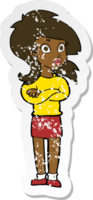 retro distressed sticker of a cartoon woman with folded arms png