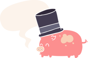 dessin animé porc portant Haut chapeau avec discours bulle dans rétro style png