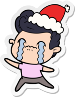 hand drawn sticker cartoon of a man crying wearing santa hat png