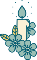 image emblématique de style tatouage d'une bougie et de fleurs png