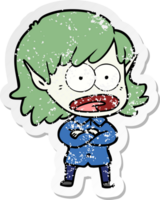 distressed sticker of a cartoon shocked elf girl png