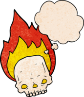 spooky cartoon flaming skull with thought bubble in grunge texture style png