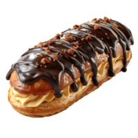 Chocolate eclair pastry. French pastry eclair dessert isolated. Eclair top view. Eclair Flat lay isolated png