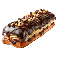 Schokolade Eclair Gebäck. Französisch Gebäck Eclair Dessert isoliert. Eclair oben Sicht. Eclair eben legen isoliert png