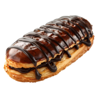 Schokolade Eclair Gebäck. Französisch Gebäck Eclair Dessert isoliert. Eclair oben Sicht. Eclair eben legen isoliert png