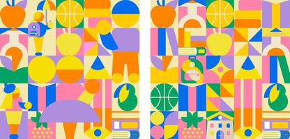 2 school patterns in mosaic style. Bright, childish design with children and school supplies. Perfect for your project vector