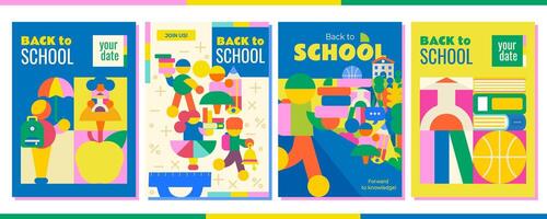 Set of 4 Back to School Posters. Modern, bright with a variety of school supplies and children who are in a hurry to learn. For announcements, advertisements, invitations, posters and much more vector