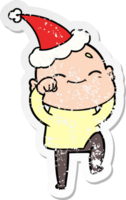 happy hand drawn distressed sticker cartoon of a bald man wearing santa hat png