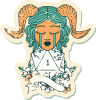 Retro Tattoo Style crying tiefling with natural one D20 roll png