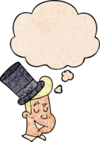 cartoon man wearing top hat with thought bubble in grunge texture style png