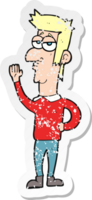 retro distressed sticker of a cartoon man waving png