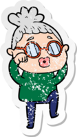 distressed sticker of a cartoon tired woman wearing spectacles png