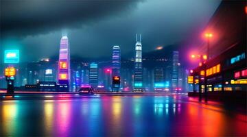 animiert Hauptstadt Stadt Szene beim Nacht mit ein Fluss und funkeln Laser- Beleuchtung. video
