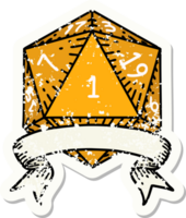 grunge sticker of a natural one d20 dice roll png