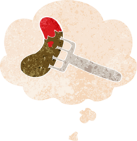 cartoon sausage on fork with thought bubble in grunge distressed retro textured style png