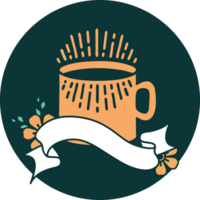 tattoo style icon with banner of cup of coffee png