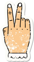 grunge sticker of a hand raising two fingers gesture png