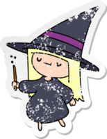 affligé autocollant dessin animé illustration de une mignonne kawaii sorcière fille png