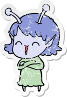 distressed sticker of a cartoon alien girl laughing png