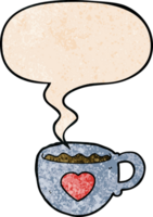 Eu amor café desenho animado copo com discurso bolha dentro retro textura estilo png