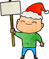 happy hand drawn textured cartoon of a bald man wearing santa hat png