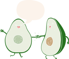 tekenfilm dansen avocado's met toespraak bubbel in retro stijl png