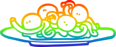 rainbow gradient line drawing of a cartoon spaghetti and meatballs png