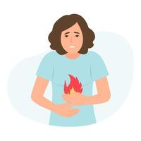 Woman having heartburn symptom. Fire burning at chest area. Gastritis and acid reflux, stomach upset and stomach pain problems. Flat illustration. vector