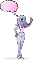 hand drawn thought bubble cartoon female alien with raised hand png