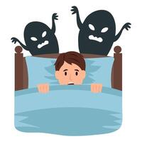 Man feels fear, anxiety and confusion in bed. Scary monsters, nightmares.. vector