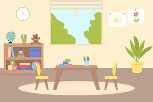 A cozy playroom with cute children's pictures on the wall, furniture and toys. Kid room interior. Preschool. vector