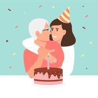 Woman hugs elderly mother and congratulations with birthday Grown up daughter takes care of mother of retirement age.Surprise, anniversary concept. vector