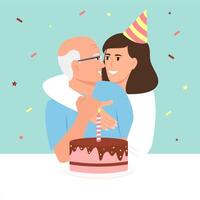 Woman hugs elderly father and congratulations with birthday Grown up daughter takes care of mother of retirement age.Surprise, anniversary concept. vector