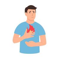 Man having heartburn symptom. Fire burning at chest area. Gastritis and acid reflux, stomach upset and stomach pain problems. vector