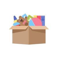 Cardboard box with kids toys. Room organization or charity concept.Toys Storage. vector