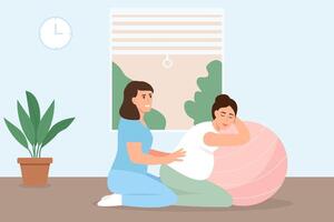 Pregnant woman preparing for childbirth with partner or doula. Birth positions for pregnant woman during birth pains, help methods for painless childbirth labor, on fitness ball. vector