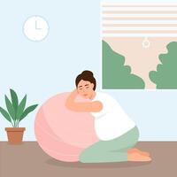 Pregnant woman preparing for childbirth. Birth positions for pregnant woman during birth pains, help methods for painless childbirth labor, on fitness ball. vector