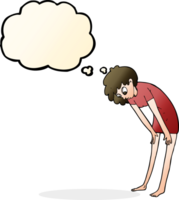 cartoon woman looking at her feet with thought bubble png