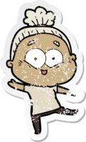 distressed sticker of a cartoon happy old woman png