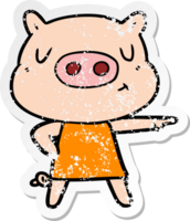 distressed sticker of a cartoon content pig in dress pointing png