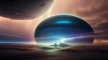 en mystisk UFO rör sig över en ljus blå planet hängande i de mörker av Plats. video