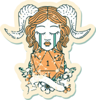 Retro Tattoo Style crying tiefling with natural one D20 roll png