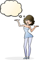 tekenfilm vrouw in cocktail jurk met gedachte bubbel png