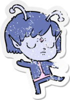 distressed sticker of a cartoon alien girl png