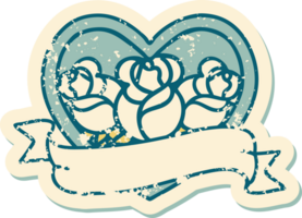 ikoniska bedrövad klistermärke tatuering stil bild av en hjärta och baner med blommor png