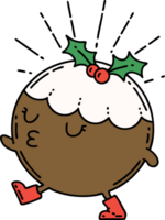 illustration of a traditional tattoo style christmas pudding character walking png